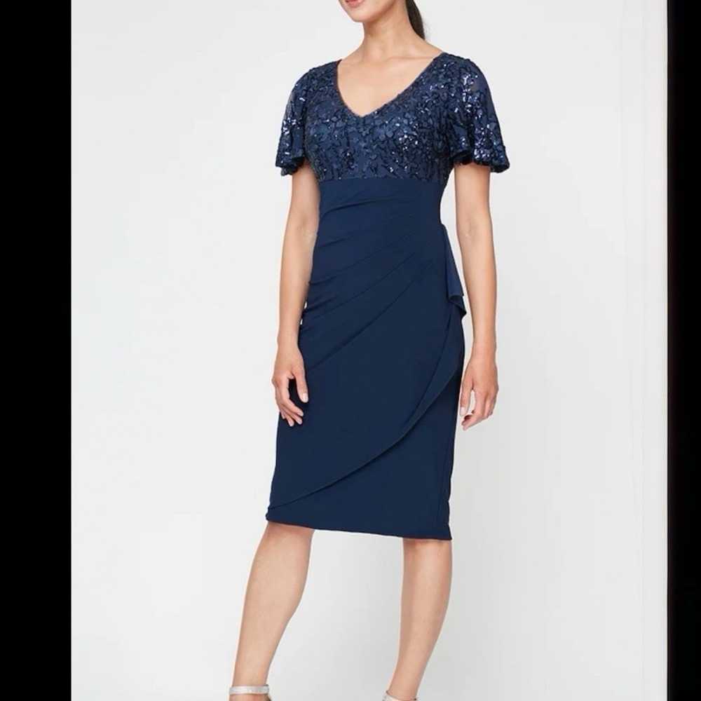 Alex Evenings Navy Blue Sequins Stretch Ruched Flutter Sleeves Sheath Dress 14